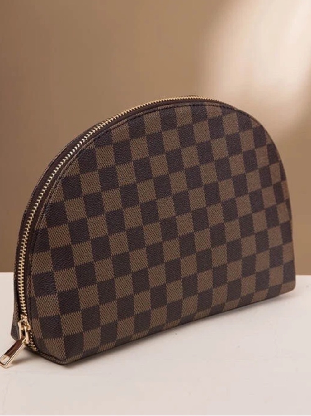New Designer Inspired Brown Check Cosmetic Pouch Gold Tone Hardware